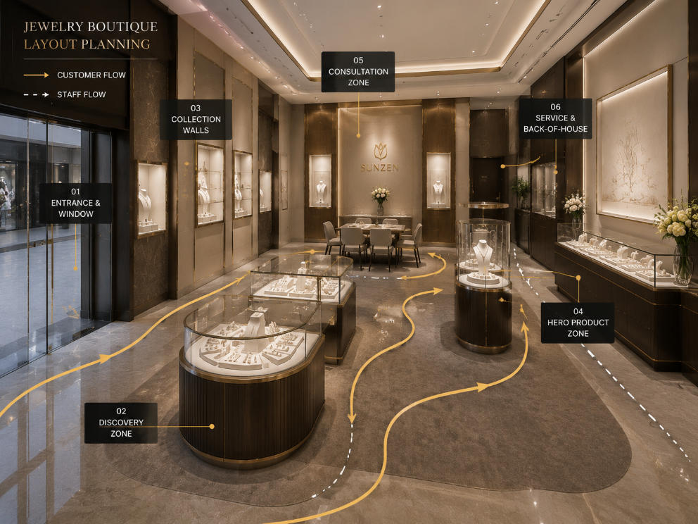 Jewelry store spatial hierarchy and display zone planning