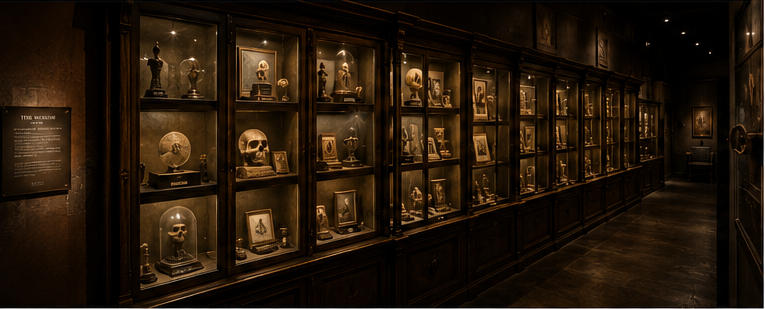 Brass vintage wall vitrine for long shadow maze gallery corridors