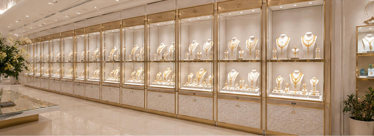Champagne gold vitrine for surrounding gold display walls