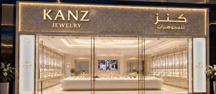 Full panoramic Saudi light-luxury gold boutique layout