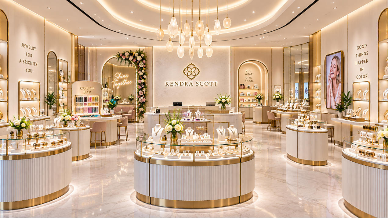 Kendra Scott Austin custom fashion jewelry store fixtures in modern female jewelry flagship