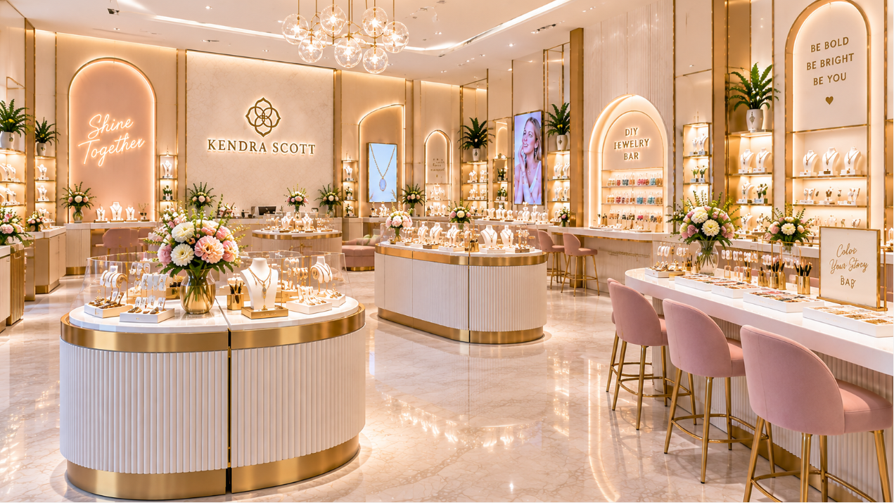 Completed Kendra Scott Austin interior with custom fashion jewelry store fixtures