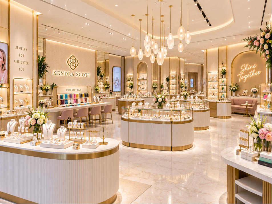 Open fashion jewelry store layout with island showcases inside Kendra Scott Austin flagship