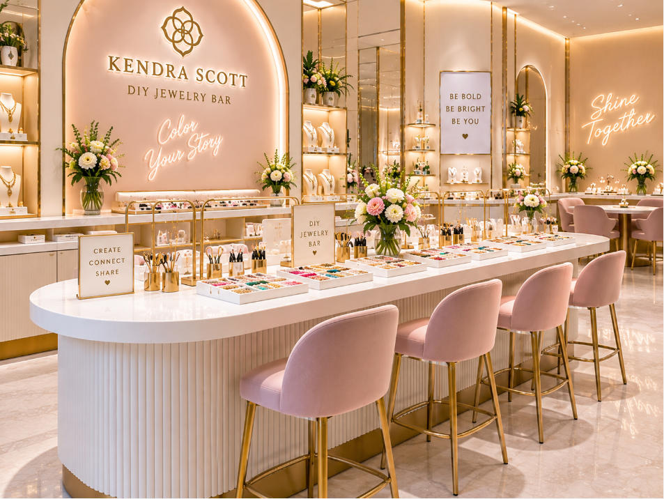 DIY jewelry interaction area inside modern Kendra Scott Austin flagship store