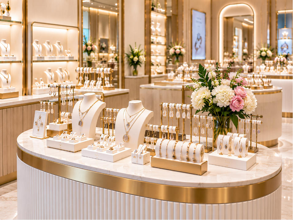 Fashion jewelry display detail with white acrylic champagne metal and curved retail fixture design
