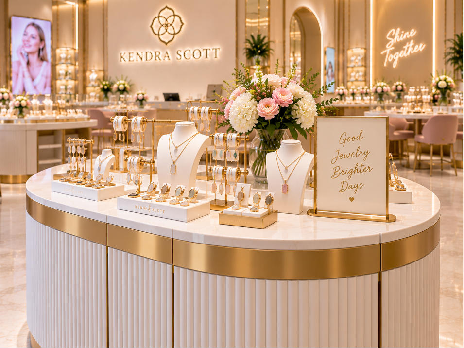 Fashion jewelry island showcase detail with acrylic champagne metal and soft LED lighting
