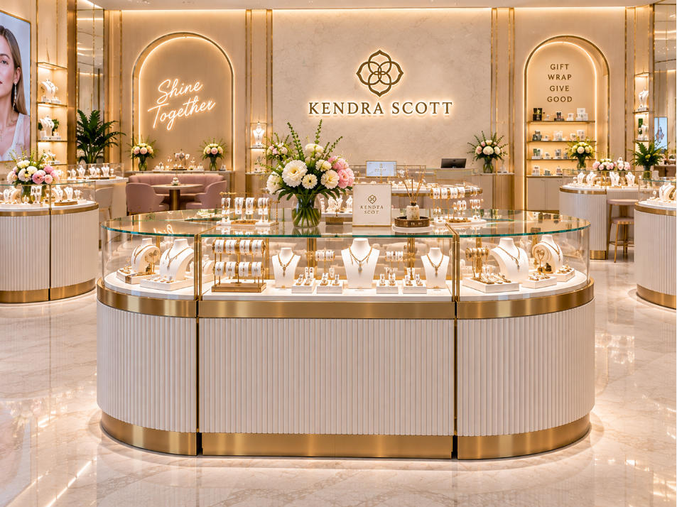 Fashion jewelry island showcase with white high-gloss acrylic champagne metal and soft LED lighting