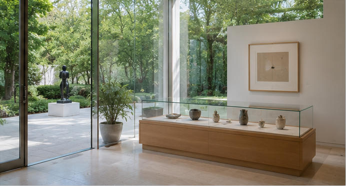 Garden art exhibit unit for indoor-outdoor connecting rest nooks