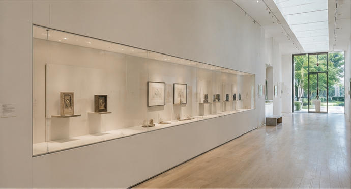 White wall low profile vitrine for continuous daylight art corridors
