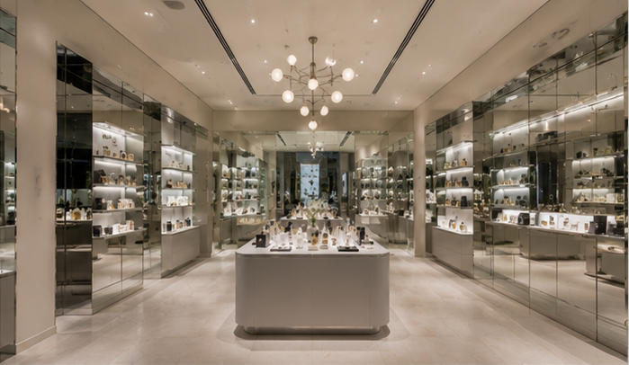 Floating mirror perfume cabinet for suspended wall display zones