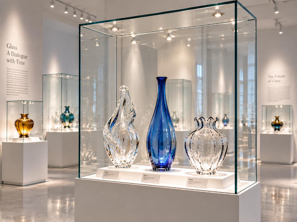 Focused museum lighting illuminating transparent glass artworks inside white gallery
