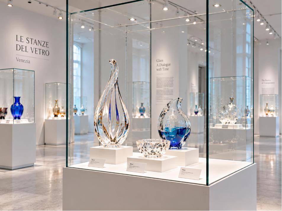 Minimal glass art display with ultra-clear museum showcase and transparent sculptural artworks