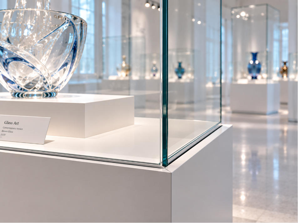 Minimal museum showcase detail with white steel acrylic and ultra-clear glass