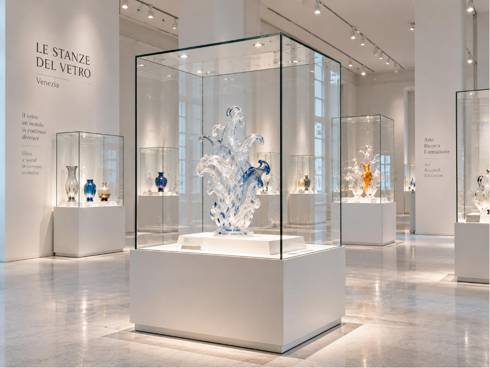 Glass art museum display case with ultra-clear glazing white steel acrylic and focused lighting