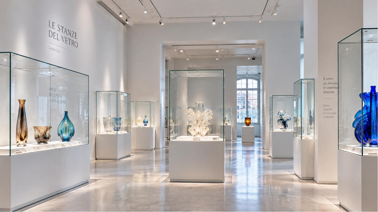 Le Stanze del Vetro Venice glass art museum display cases inside minimalist white exhibition gallery