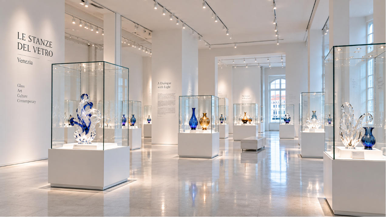 Completed Le Stanze del Vetro Venice interior with glass art museum display cases