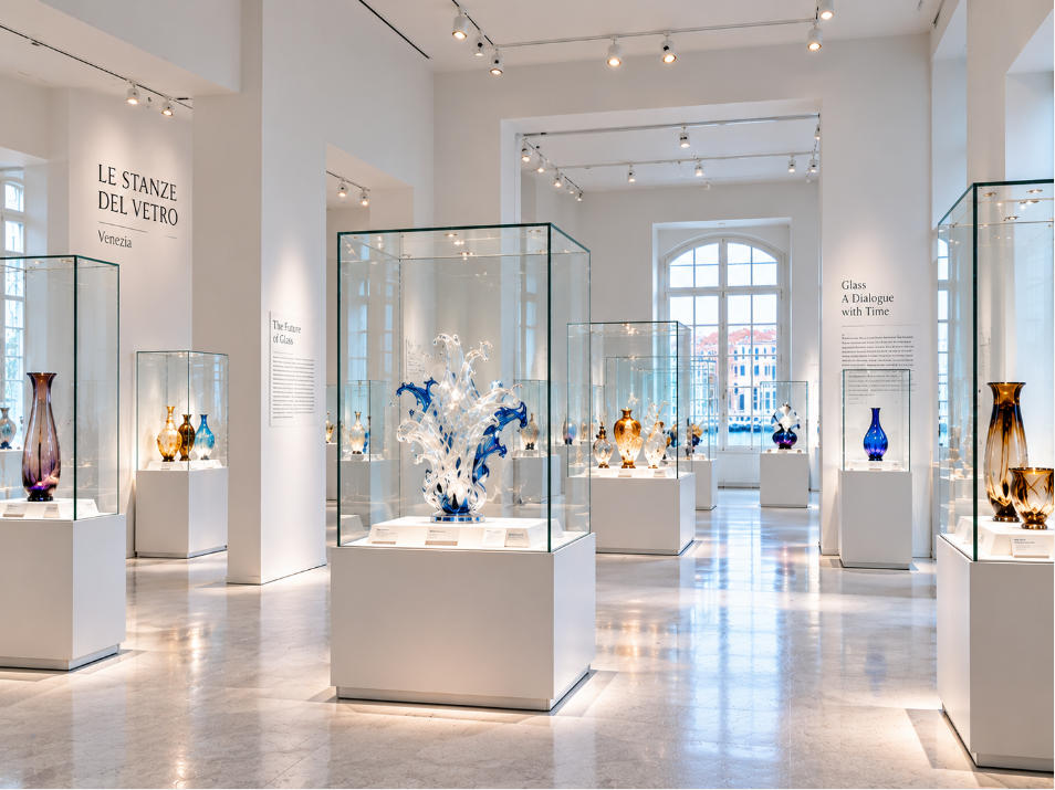 Minimal white glass art museum layout with transparent displays and curated exhibition circulation