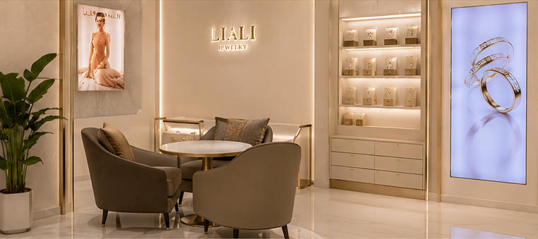 Full panoramic light luxury bridal boutique layout