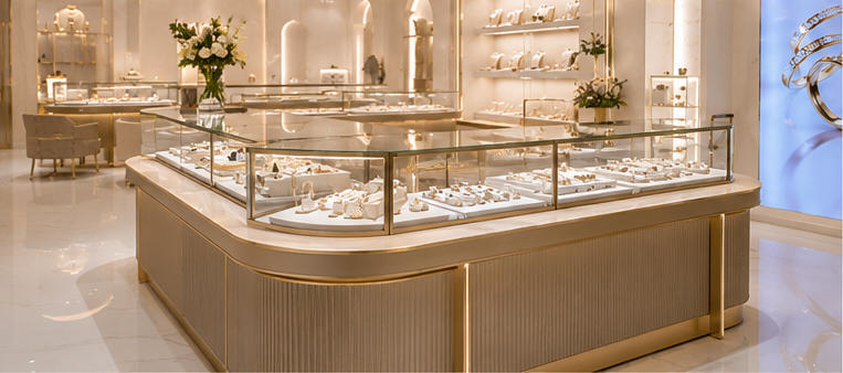 White stone vitrine for surrounding circulation walls