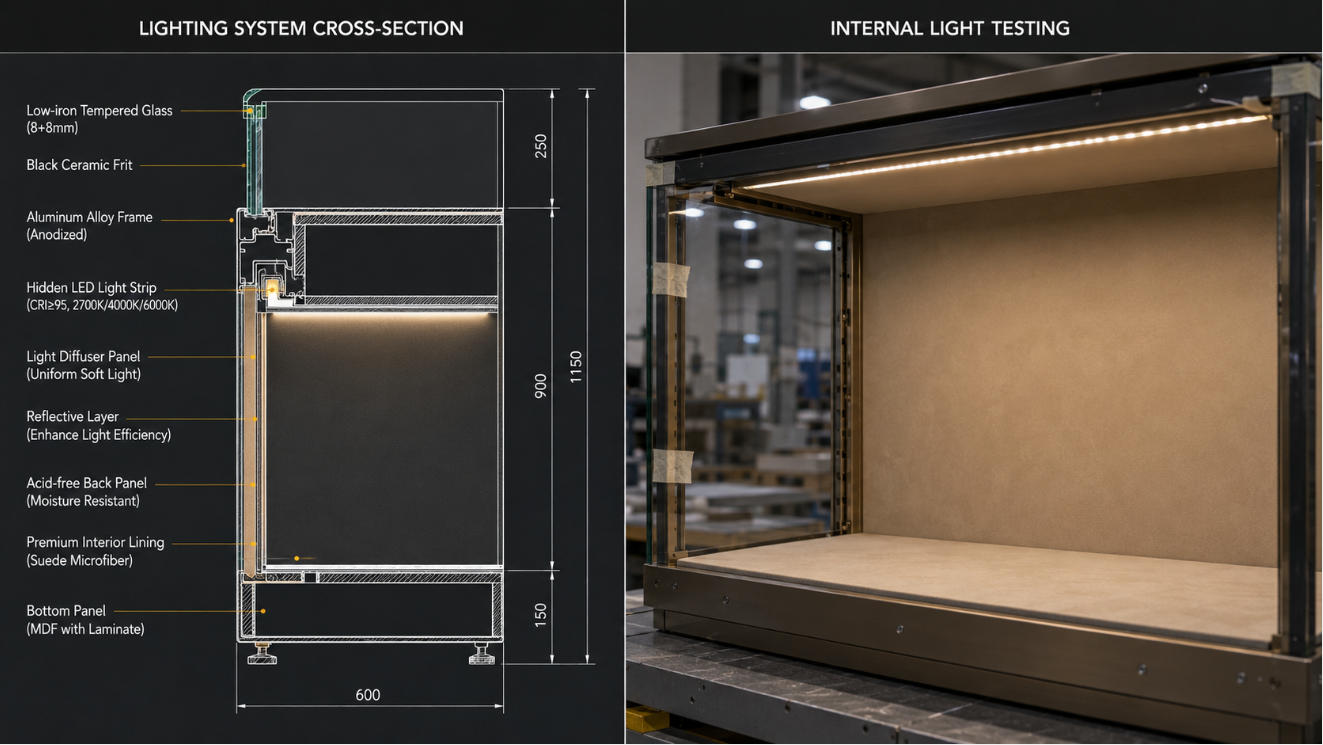 Jewelry showcase integrated LED lighting cross section and engineering
