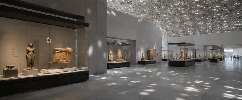 Solid stone base relic cases for large antique sculpture exhibition