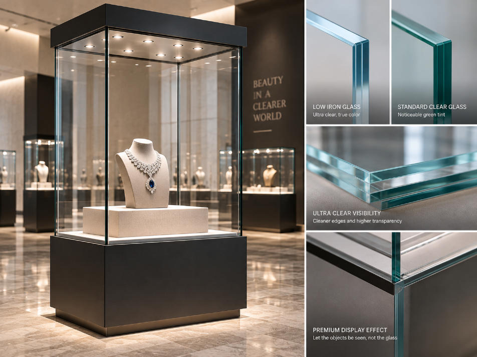 Low iron glass display case showing ultra clear glazing reduced green tint and high transparency