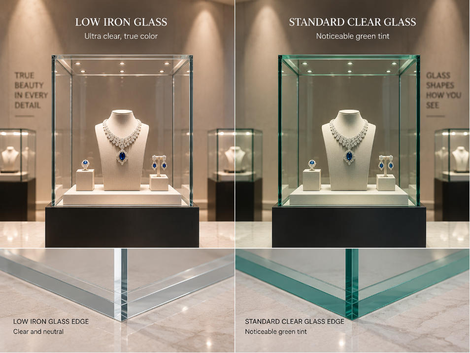 Low iron glass and standard clear glass comparison for premium display case applications