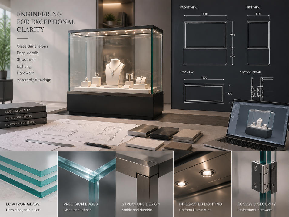 Low iron glass display case engineering with glass dimensions edge details structures lighting hardware and assembly drawings