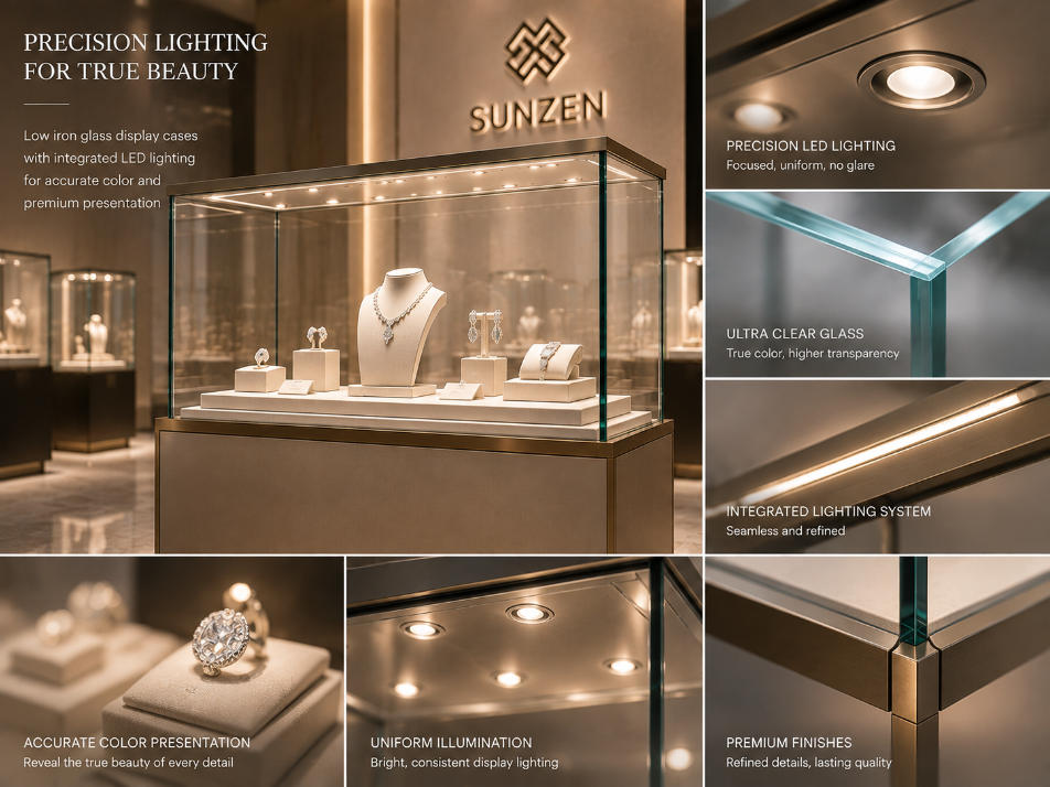 Low iron glass display case with integrated LED lighting for accurate jewelry and luxury product presentation