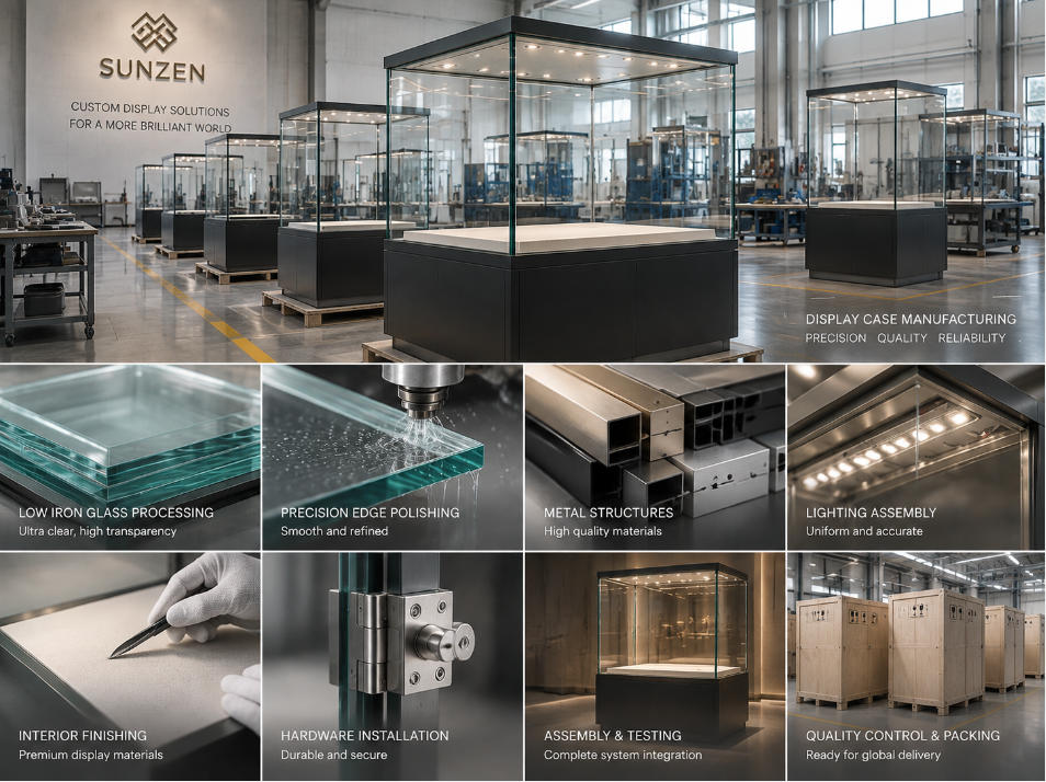 Low iron glass display case manufacturing with precision glass processing metal structures lighting assembly and quality control