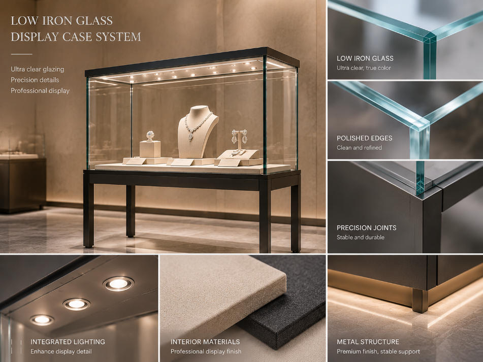 Low iron glass display case system showing polished glass edges precision joints metal structure and integrated lighting
