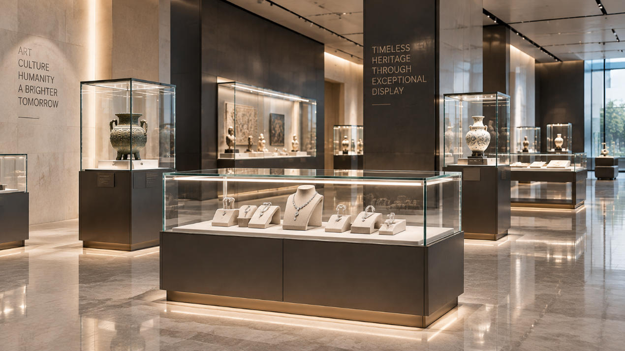 Low iron glass display cases with ultra clear glazing for jewelry museums and premium retail exhibitions