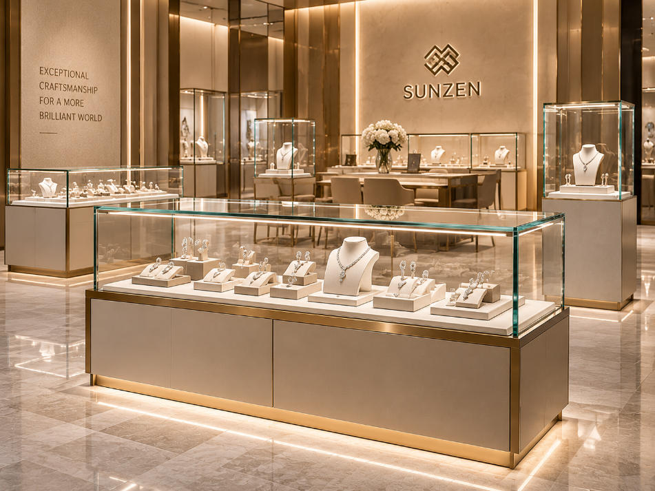 Low iron glass display cases for luxury jewelry store with ultra clear glazing integrated lighting and premium finishes