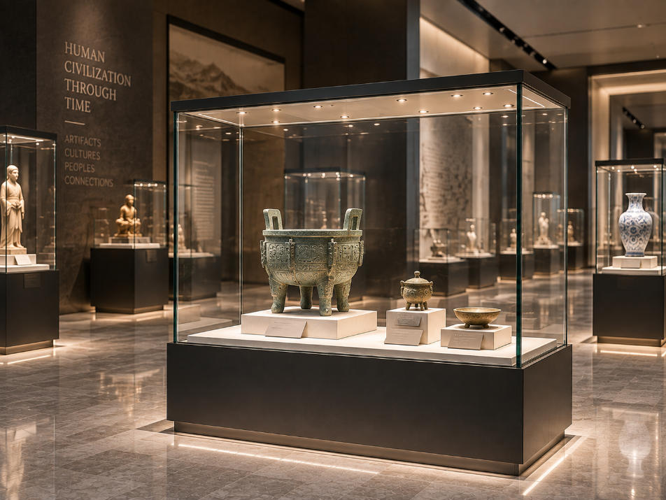 Low iron glass display cases in museum exhibition with clear artifact visibility and professional museum lighting