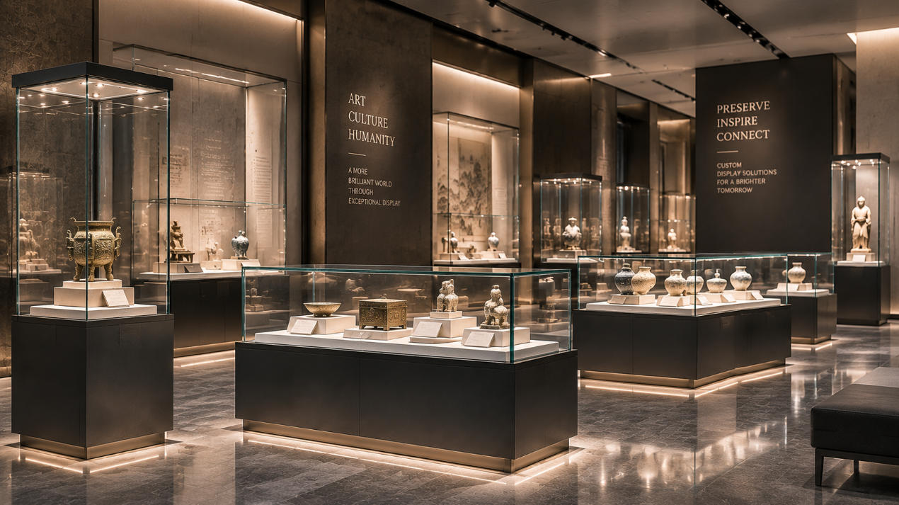Completed premium exhibition project with coordinated low iron glass display cases counters islands and freestanding showcases
