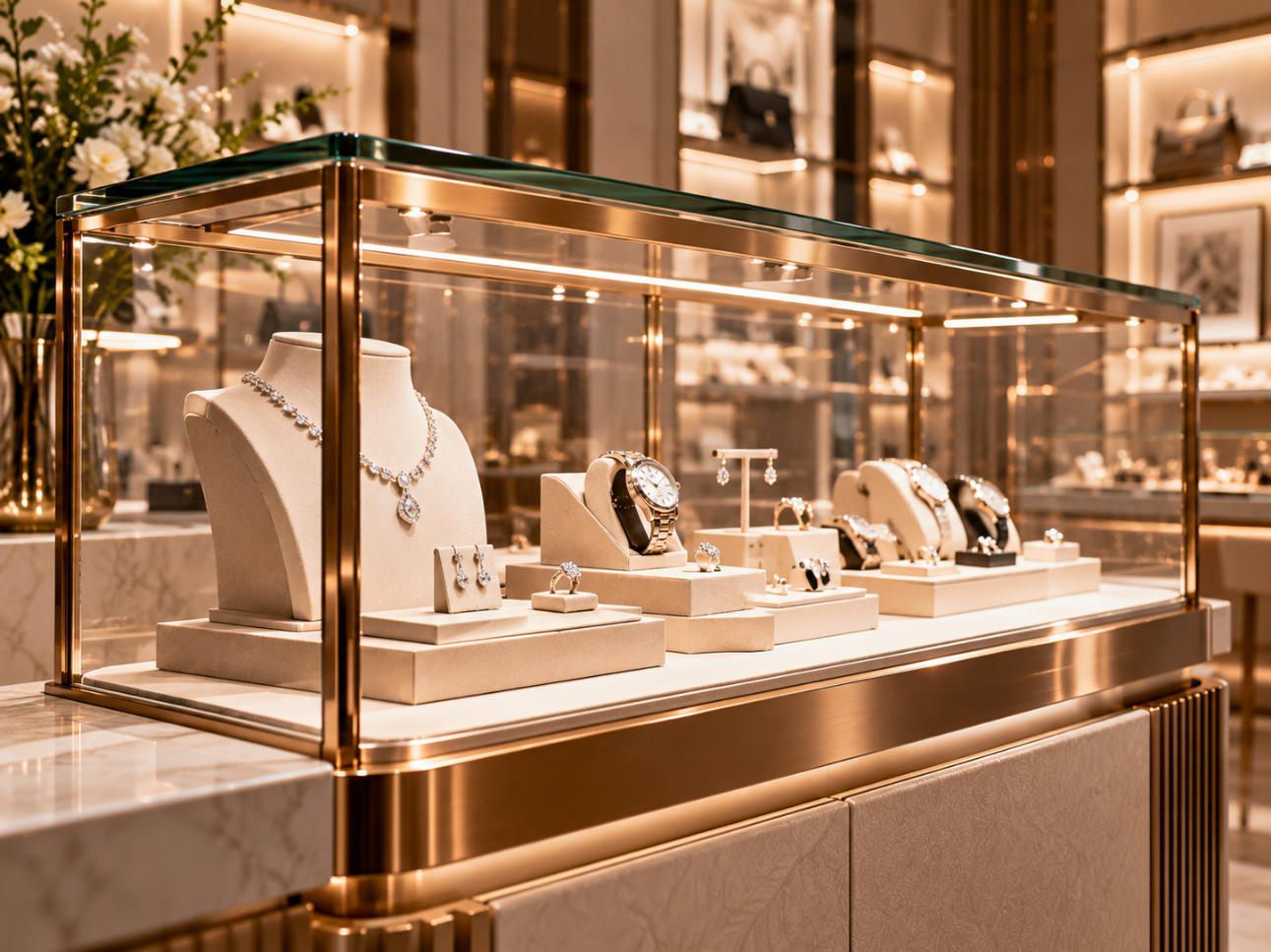 Luxury boutique display case detail showing clear glass refined metal frame integrated lighting premium interior lining and focused product presentation