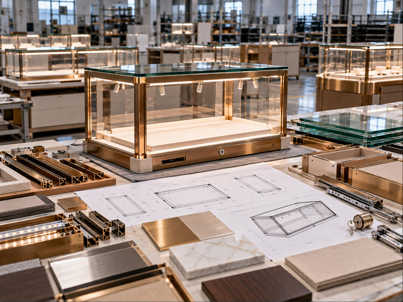 Luxury boutique display case manufacturing coordinating precision glass metal framing cabinetry opening hardware lighting and premium finish details