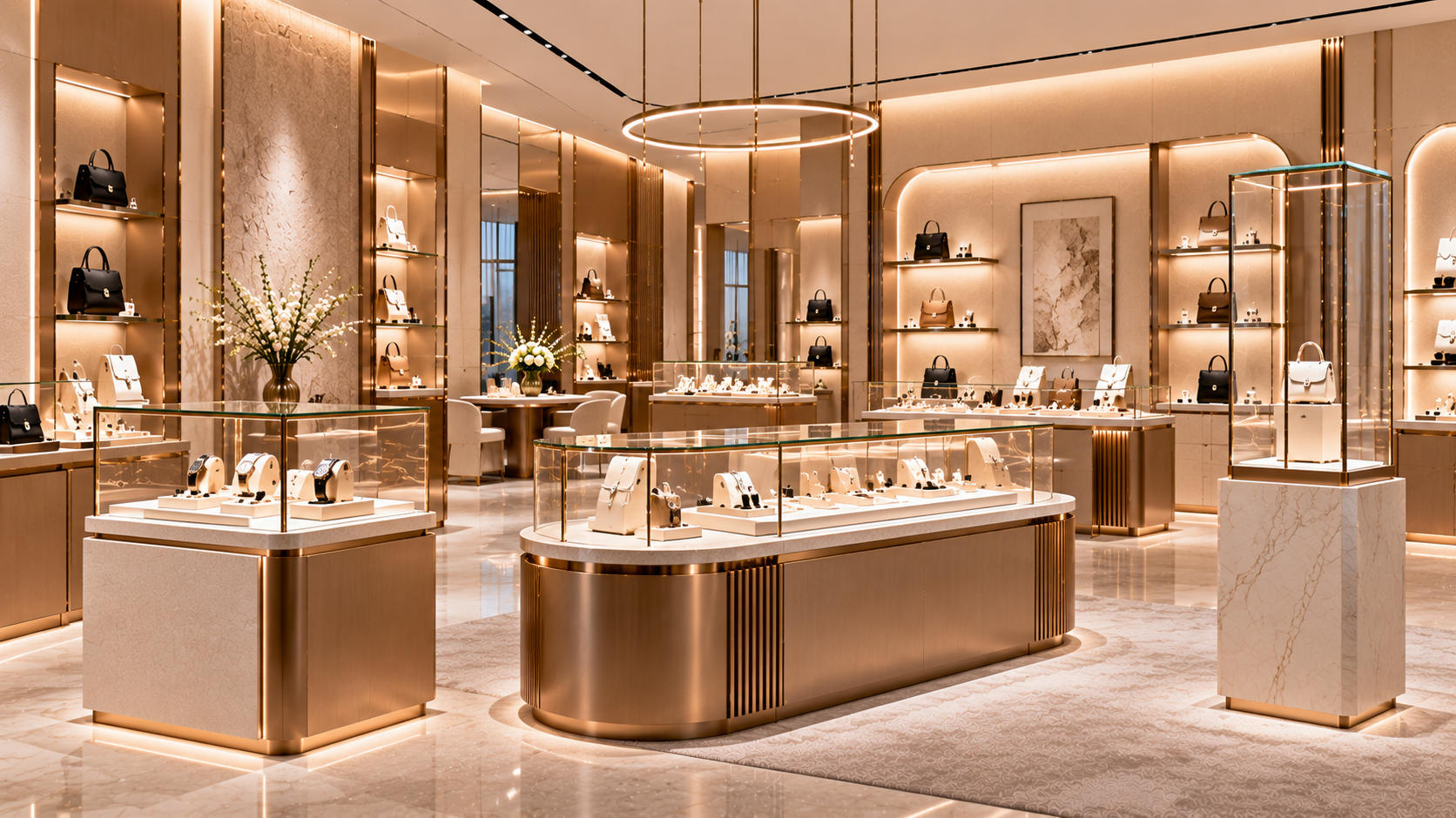Luxury boutique display cases presenting premium jewelry watches and accessories in custom glass counter pedestal wall and freestanding showcases