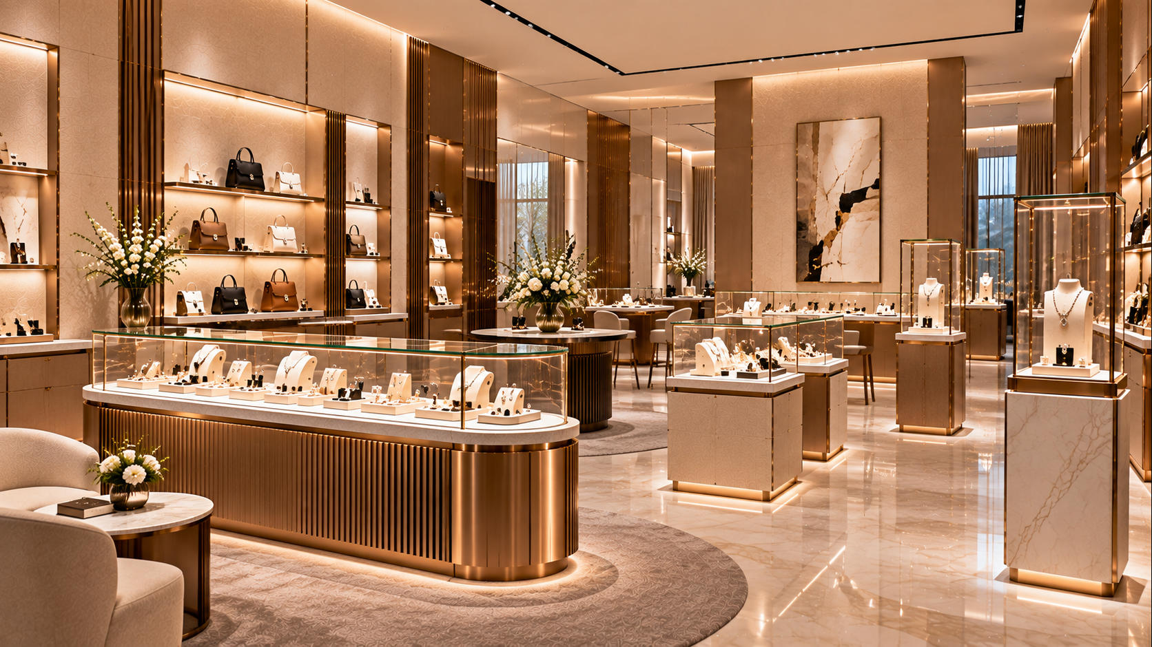 Completed luxury boutique combining custom glass display cases counter showcases pedestal displays wall cases and open premium retail fixtures