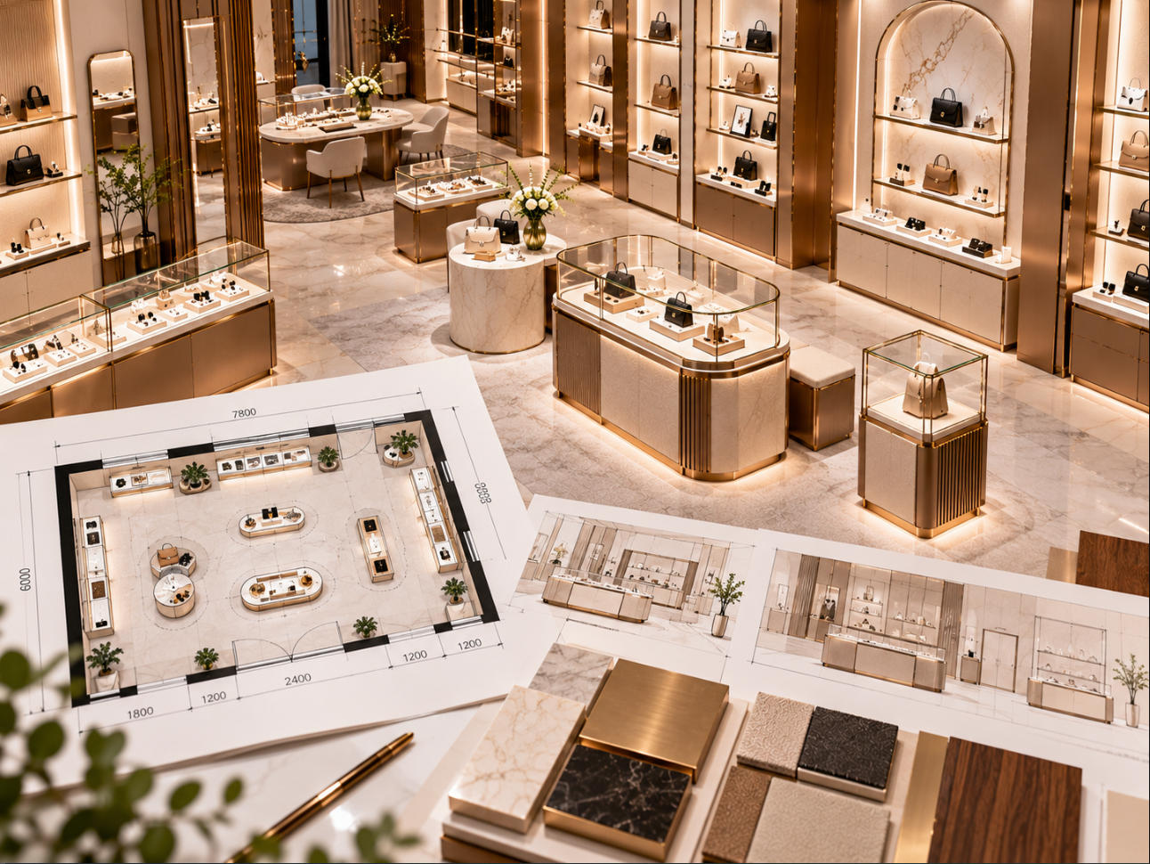 Luxury boutique fixture layout balancing perimeter wall displays low central fixtures feature pedestals circulation and curated merchandise presentation