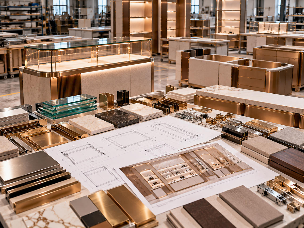 Luxury boutique fixture manufacturing coordinating custom wall displays counters pedestals cabinetry glass metal premium finishes and detailed production drawings