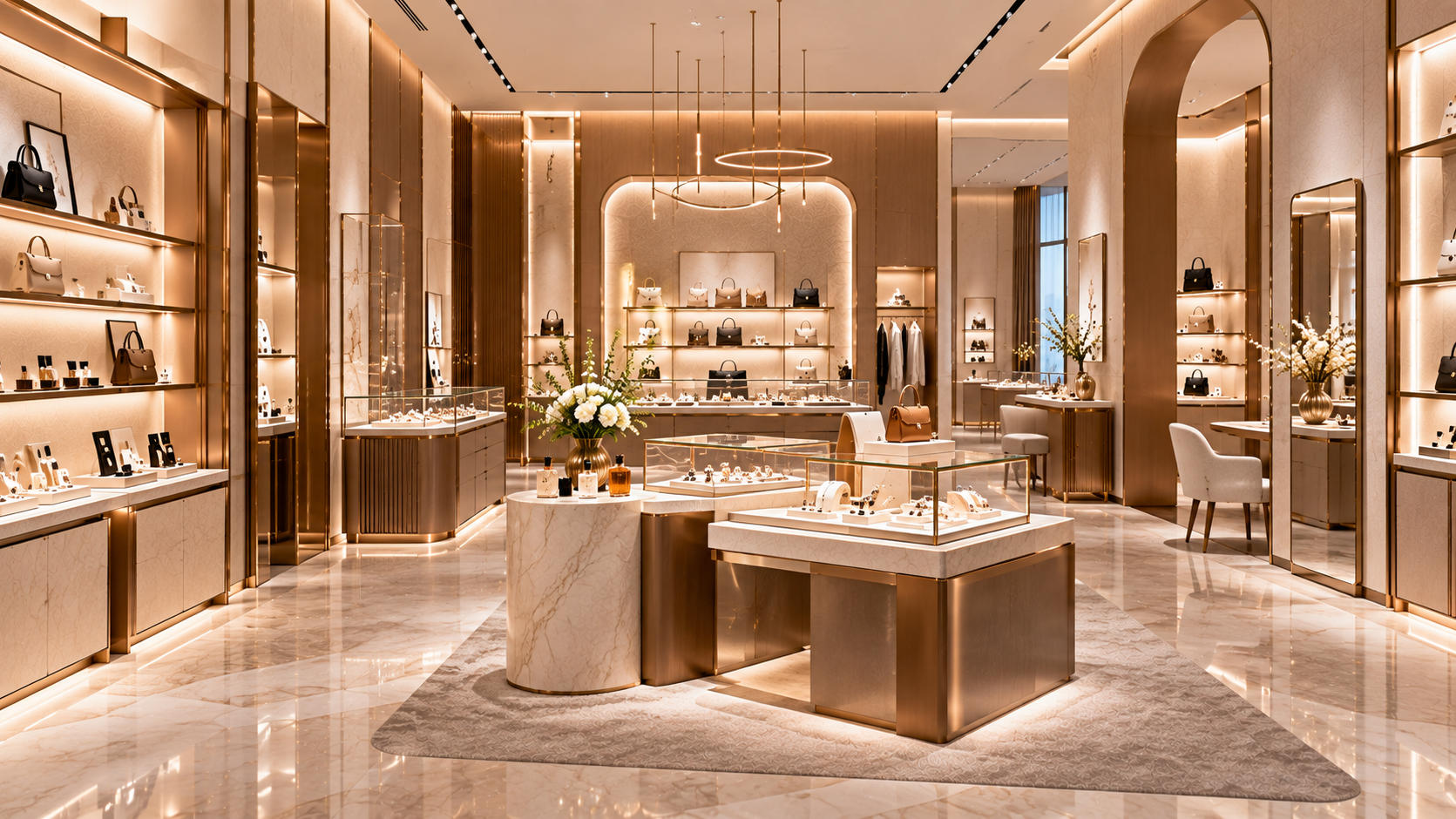 Luxury boutique fixtures creating a curated premium retail environment with custom wall displays counters pedestals showcases and refined open space