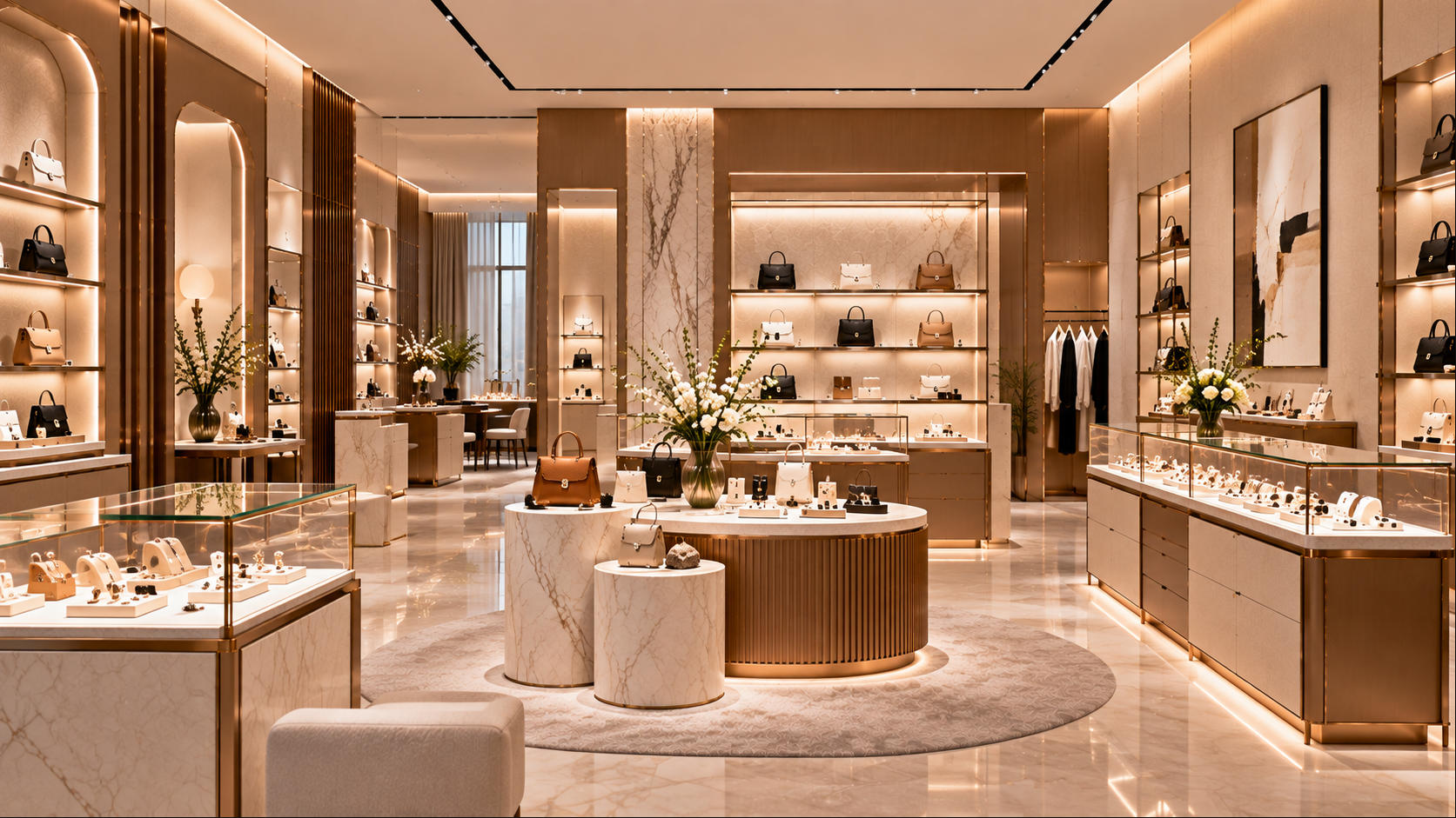 Completed luxury boutique using curated custom wall displays low center fixtures feature pedestals showcases and concealed storage with comfortable open circulation