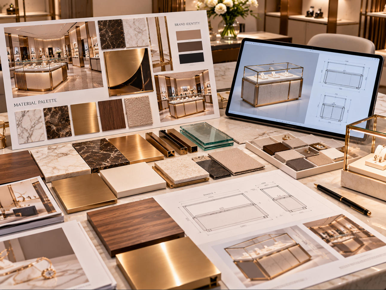 Luxury brand fixture design development coordinating brand guidelines fixture drawings material samples metal finishes glass details and retail design references