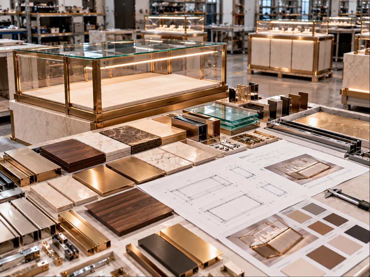 Luxury brand retail fixture manufacturing control comparing approved material samples metal finishes millwork glass details drawings and completed fixture components