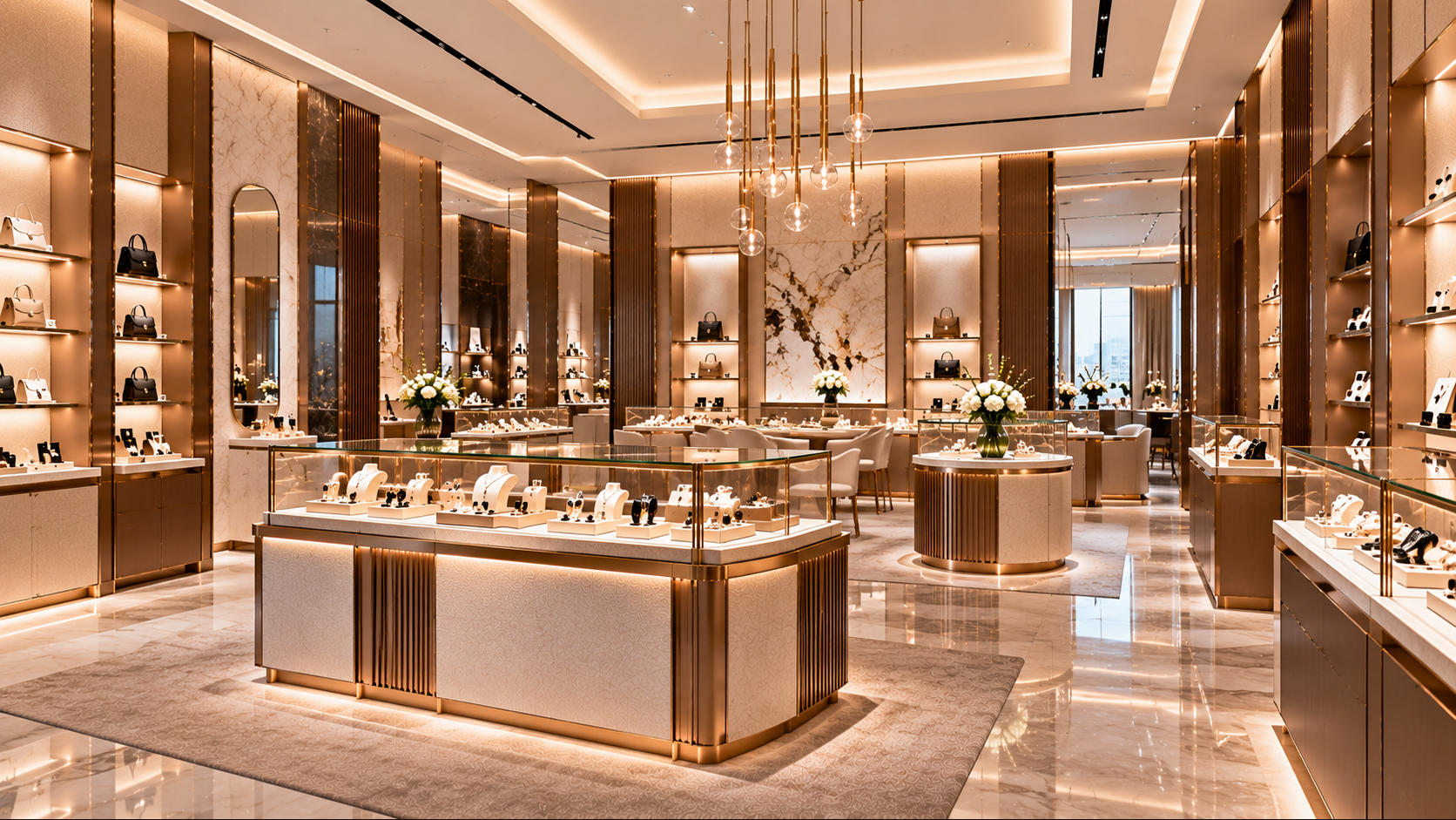 Completed luxury brand retail environment using coordinated custom fixtures signature materials branded design details showcases counters and wall displays