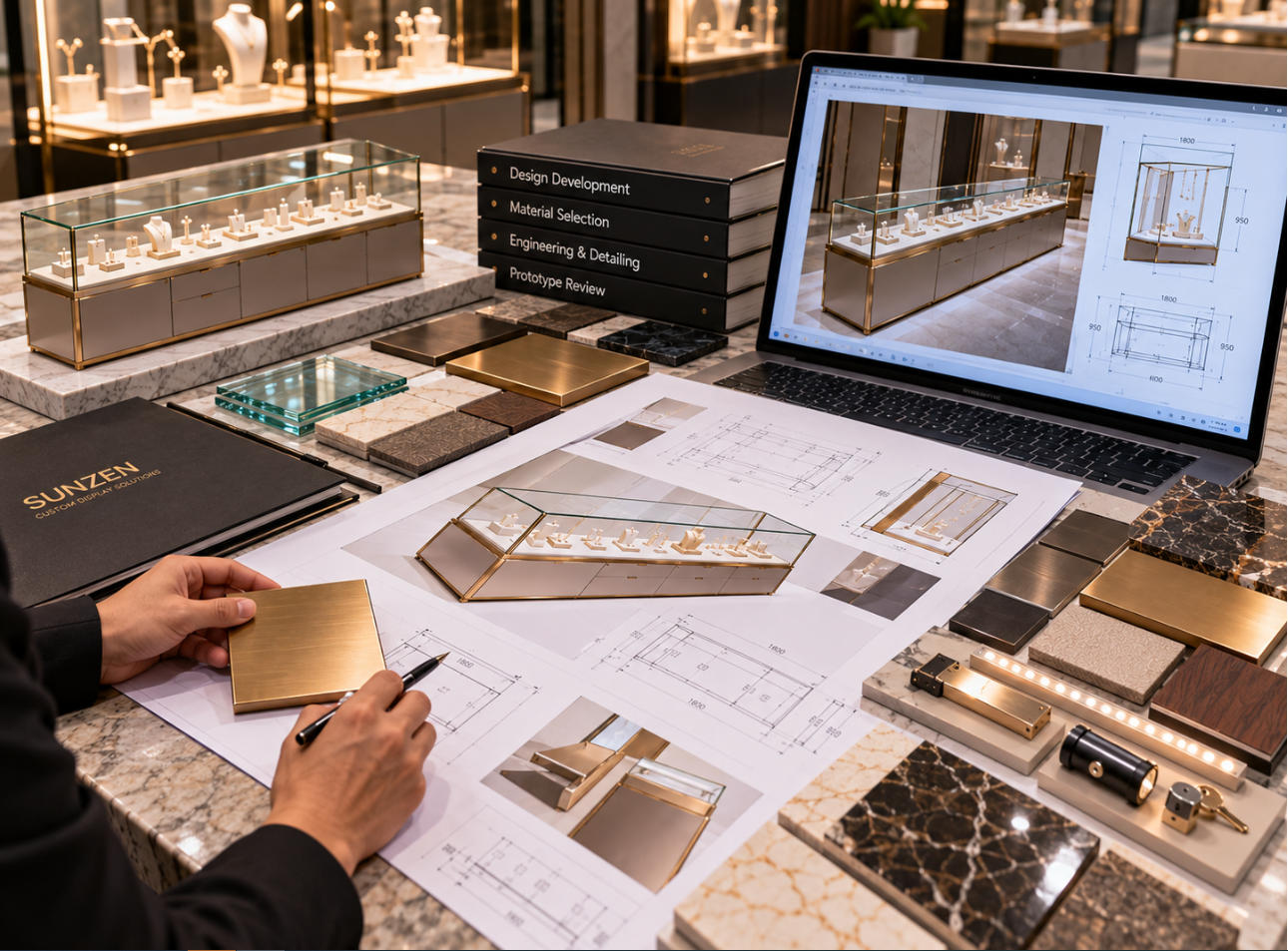 Luxury display case design engineering review with architectural drawings material details glass lighting and premium finishes