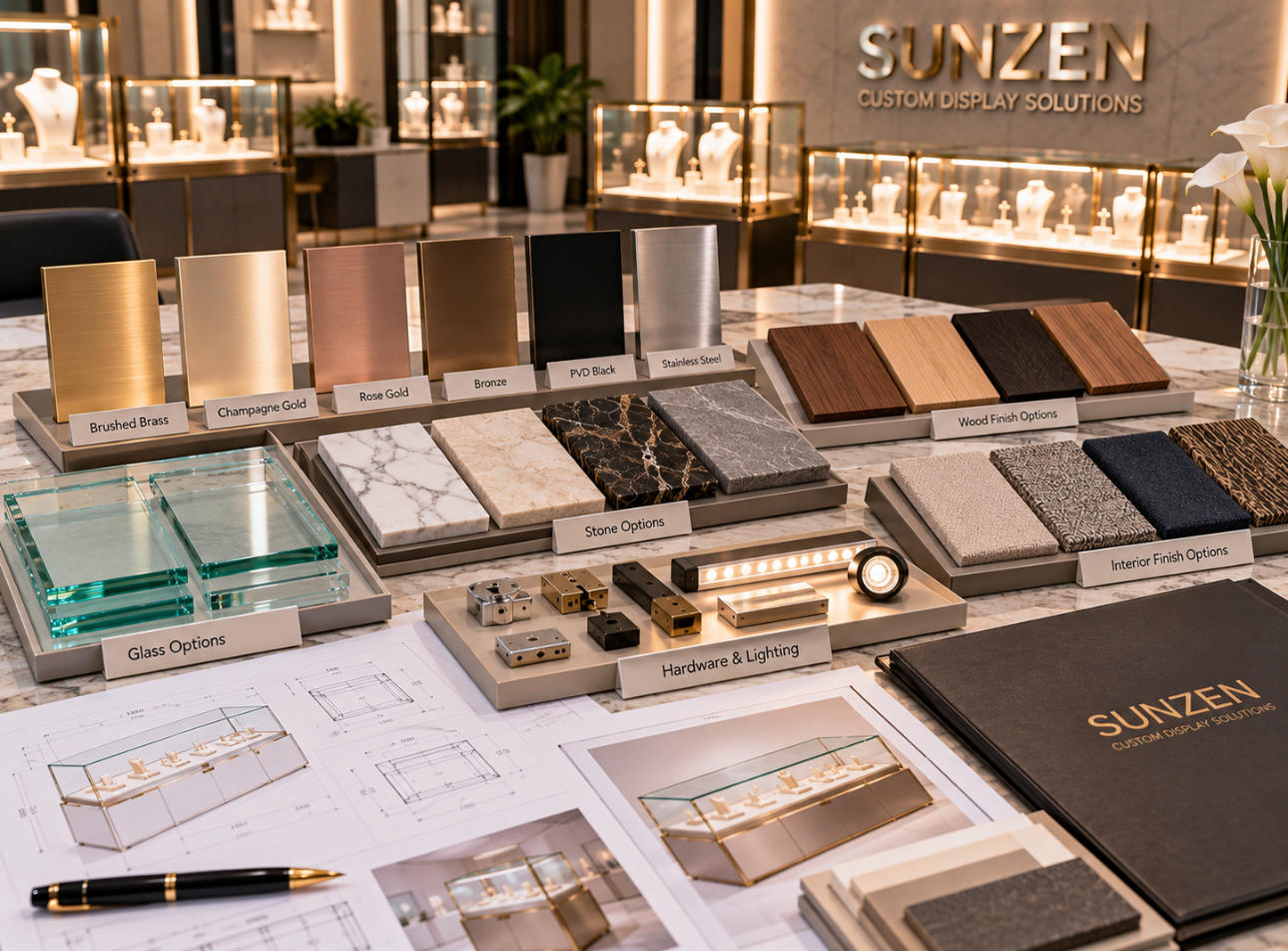 Luxury display case finish control with approved metal stone wood glass fabric and premium material samples