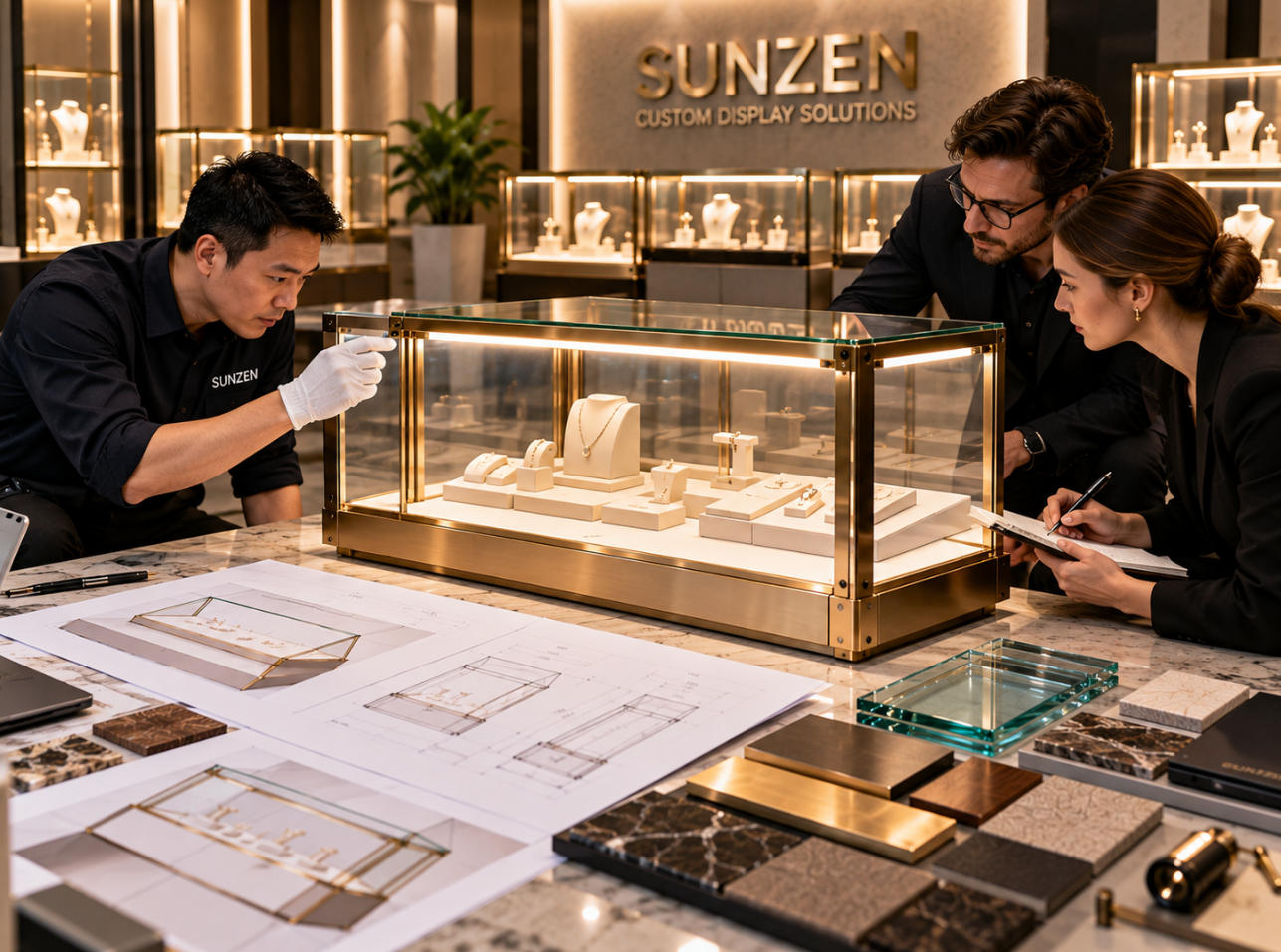 Luxury display case prototype review checking glass alignment metal finish lighting hardware material transitions and detailing