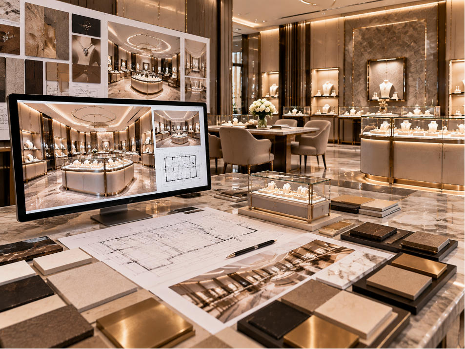 Luxury jewelry brand fixture concept coordinating boutique architecture materials showcases lighting and customer presentation